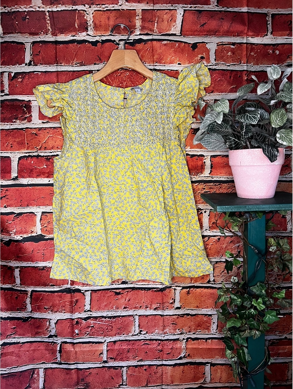 J. Crew Yellow Floral Patterned Smocked Short Sleeve Blouse Top